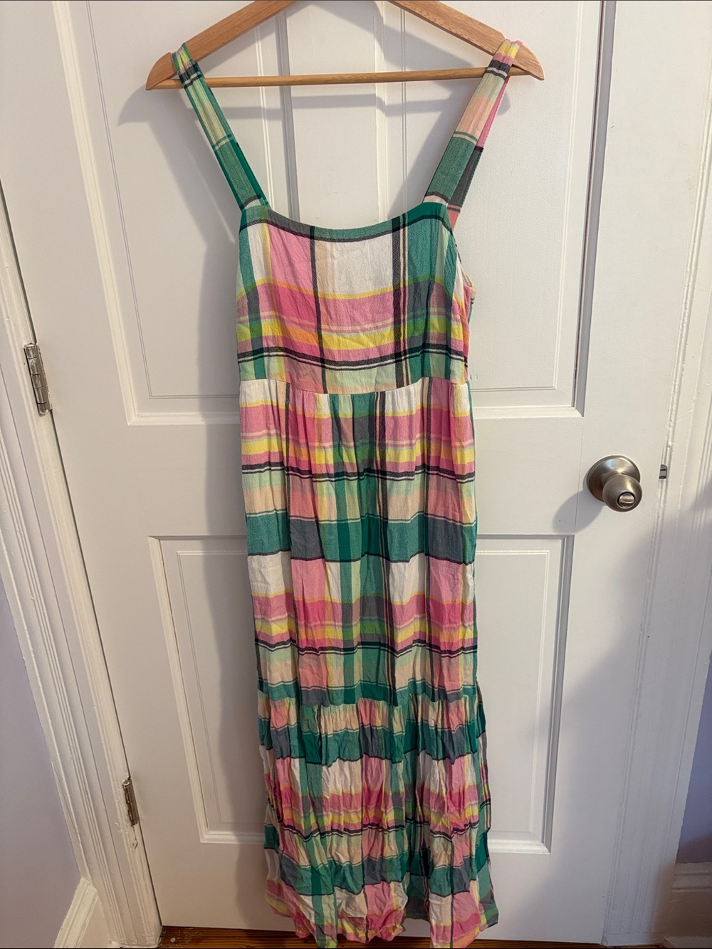 LOFT Pink Green Yellow Plaid Maxi Dress